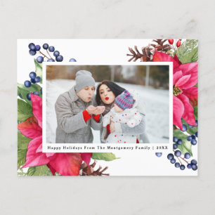 Elegant Poinsettia Berry Navy Personalised Photo Holiday Postcard