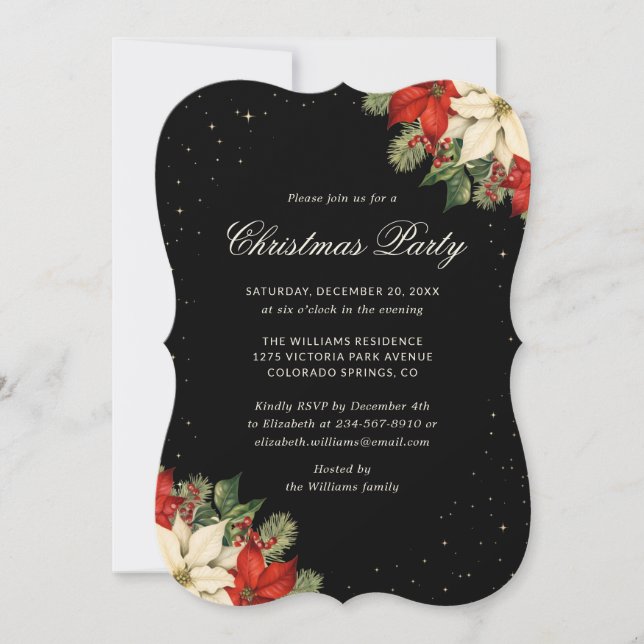 Elegant Poinsettia Black Christmas Party Invitation (Front)