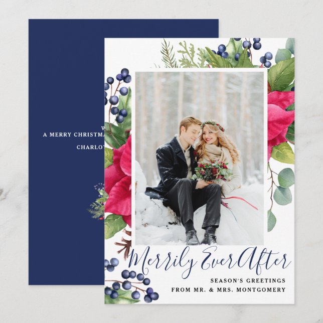 Elegant Poinsettia Blue Merrily Ever After Photo Holiday Card (Front/Back)