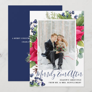 Elegant Poinsettia Blue Merrily Ever After Photo Holiday Card