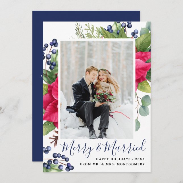 Elegant Poinsettia Blue Merry & Married Photo Holiday Card (Front/Back)