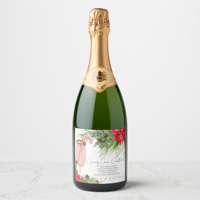 Elegant Poinsettia Candy Cane Recipe Champage Sparkling Wine Label (Front)