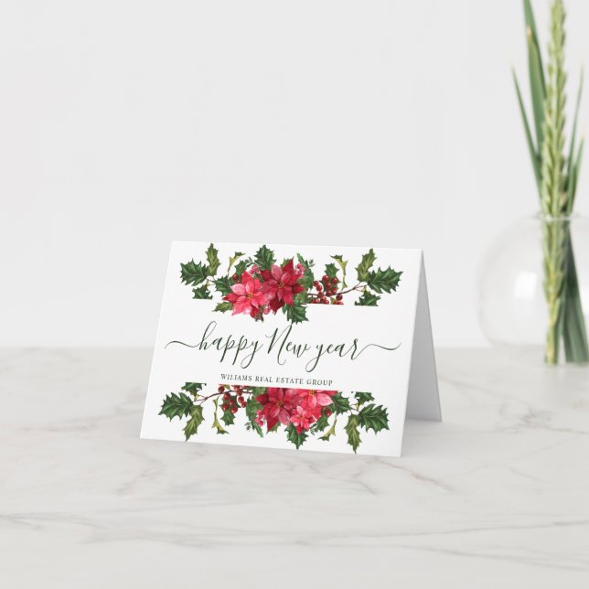 Elegant Poinsettia Christmas Corporate Greeting Holiday Card (Front)