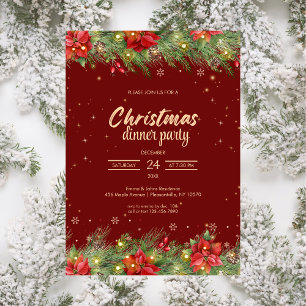 Elegant Poinsettia Christmas Dinner Party Invitation
