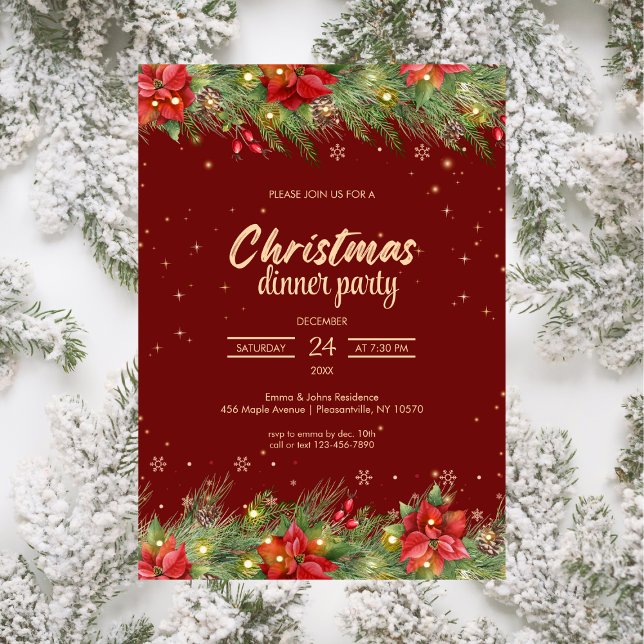 Elegant Poinsettia Christmas Dinner Party Invitation (Creator Uploaded)