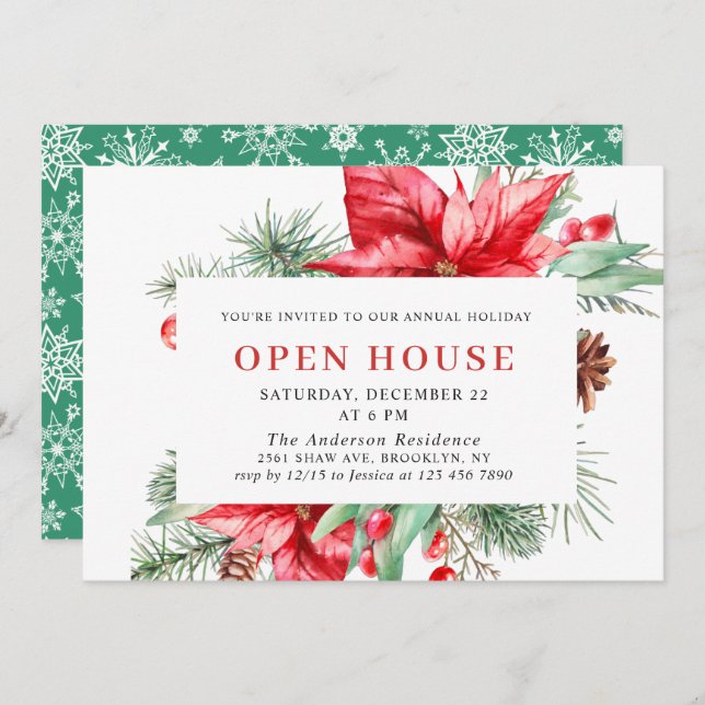Elegant Poinsettia Christmas Holiday Open House In Invitation (Front/Back)