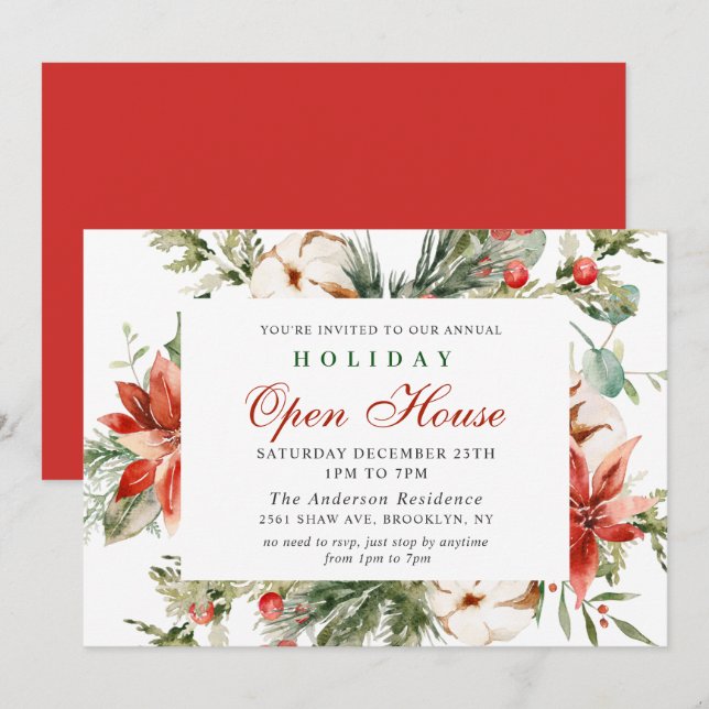 Elegant Poinsettia Christmas Holiday Open House Invitation (Front/Back)