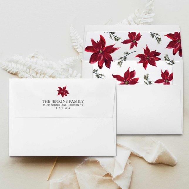 Elegant Poinsettia Christmas Invitation Envelope  (Elegant Poinsettia Christmas Invitation Envelope)