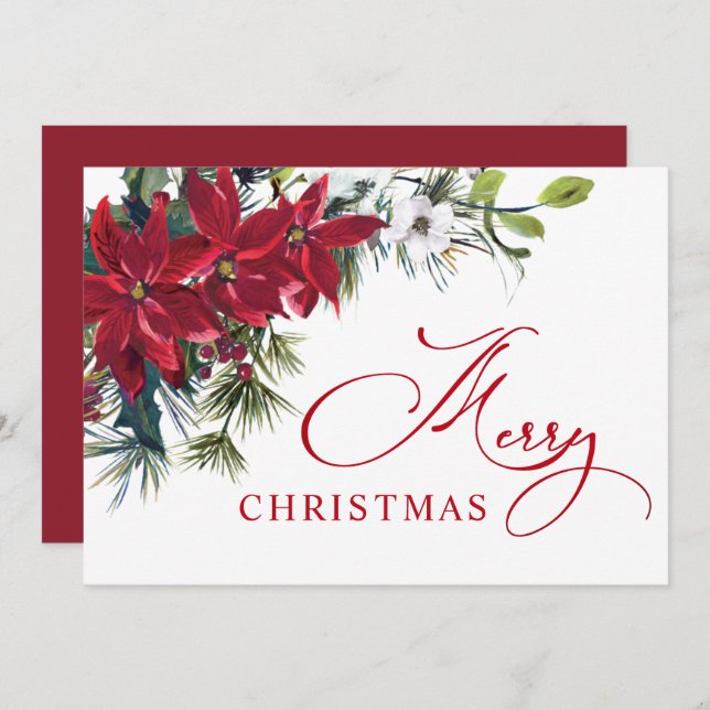 Elegant Poinsettia Christmas Mistletoe Greeting Holiday Card (Front/Back)