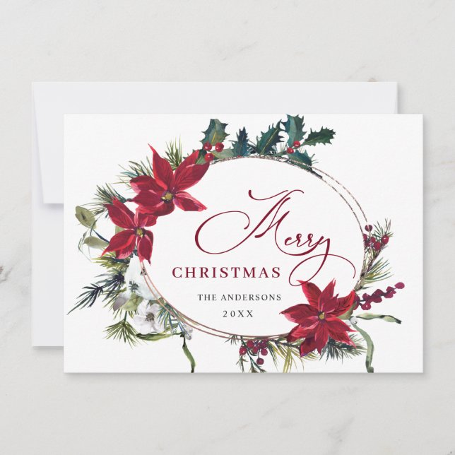 Elegant Poinsettia Christmas Mistletoe Greeting Holiday Card (Front)