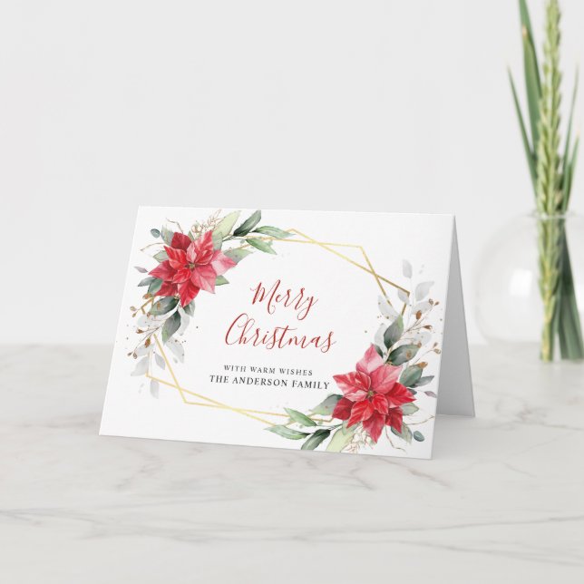 Elegant Poinsettia Christmas Mistletoe Greeting Holiday Card (Front)