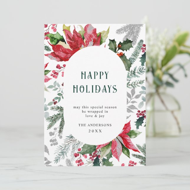 Elegant Poinsettia Christmas Mistletoe Greeting Holiday Card (Standing Front)