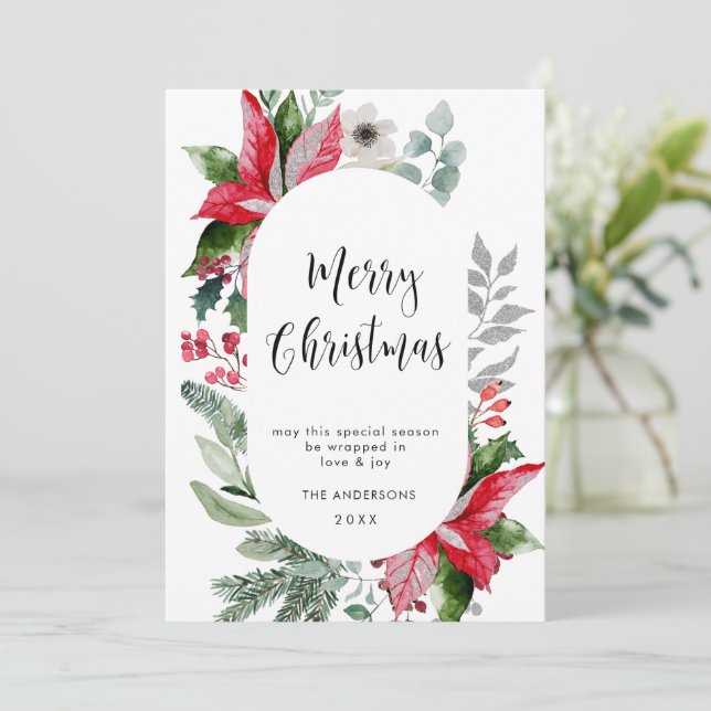 Elegant Poinsettia Christmas Mistletoe Greeting Holiday Card (Standing Front)