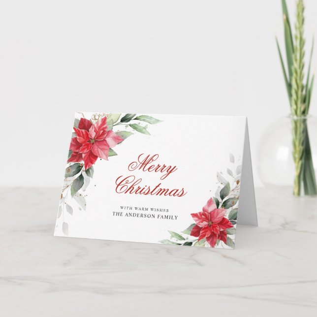 Elegant Poinsettia Christmas Mistletoe Greeting Holiday Card (Front)