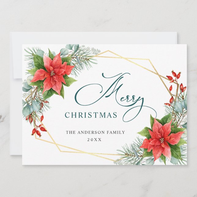 Elegant Poinsettia Christmas Mistletoe Greeting Holiday Card (Front)