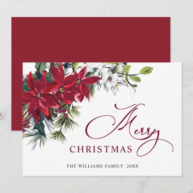 Elegant Poinsettia Christmas Mistletoe Greeting Holiday Card (Front/Back)