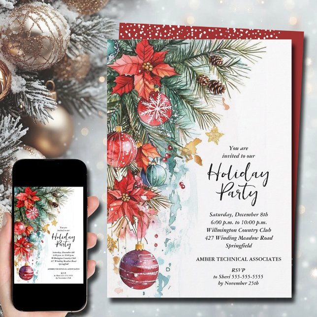 Elegant Poinsettia Christmas Party Invitation (Elegant Poinsettia Christmas Party Invitations - INSTANT DOWNLOAD and/or PRINTED)