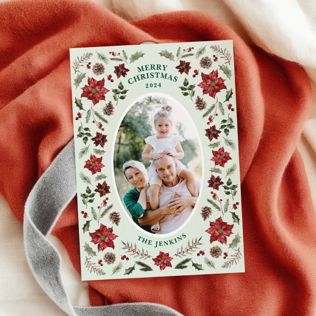 Elegant Poinsettia Christmas Photo Card (Elegant Winter Foliage Merry Christmas Photo Card)