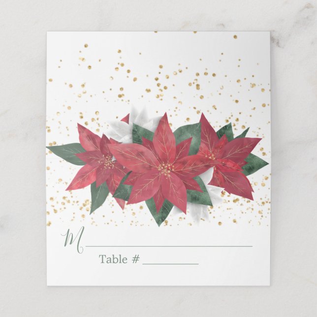 Elegant Poinsettia Christmas Wedding Place Card (Outside Unfolded)