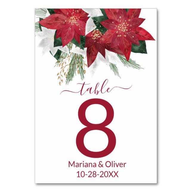 Elegant Poinsettia Christmas Wedding Table Number (Front)