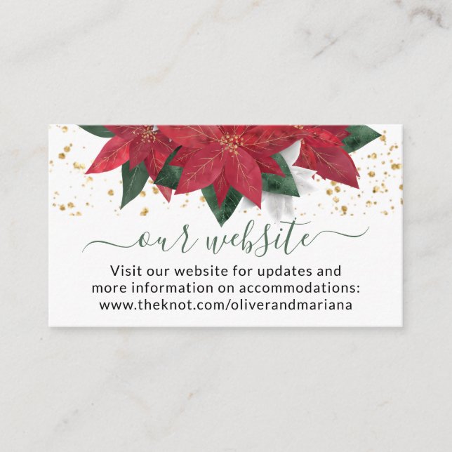Elegant Poinsettia Christmas Wedding Website Enclosure Card (Front)