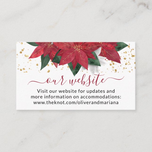 Elegant Poinsettia Christmas Wedding Website Enclosure Card (Front)
