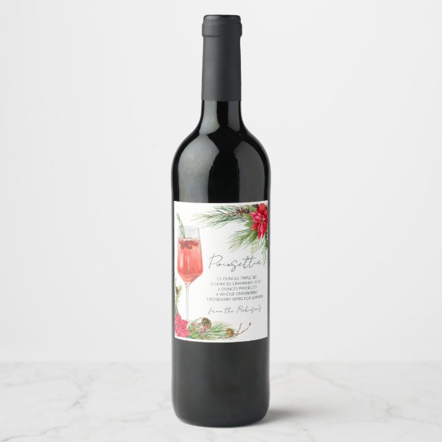 Elegant Poinsettia Cocktail Recipe Christmas Gift Wine Label (Front)