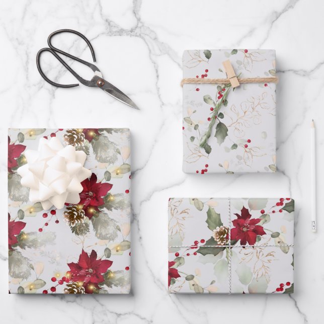 Elegant Poinsettia & Eucalyptus Glitter Christmas Wrapping Paper Sheet (Front)