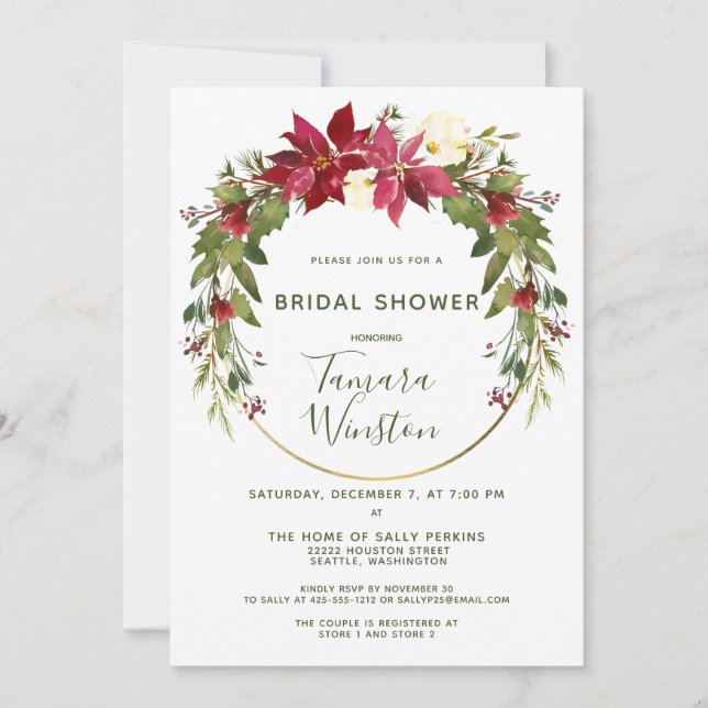 Elegant Poinsettia Floral Christmas Bridal Shower Invitation (Front)