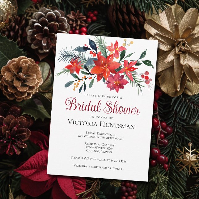 Elegant Poinsettia Floral Christmas Bridal Shower Invitation (Creator Uploaded)