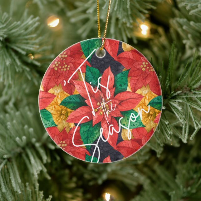 Elegant Poinsettia Floral Holiday Christmas Ceramic Tree Decoration (Tree)