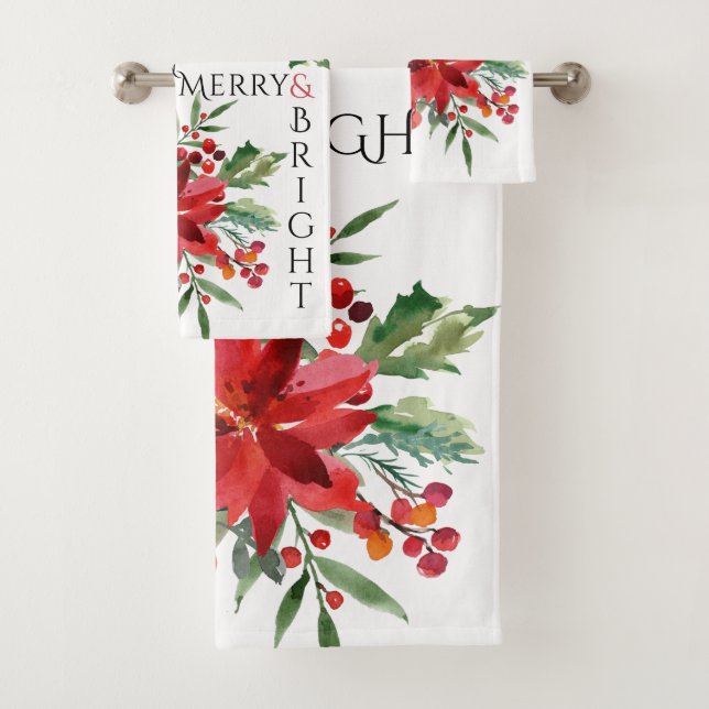 Elegant Poinsettia Floral Merry & Bright Christmas Bath Towel Set (Insitu)