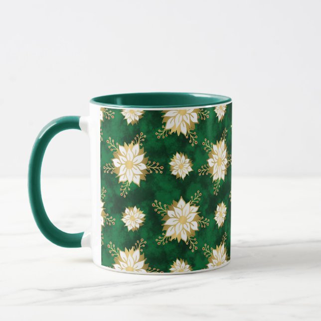 Elegant Poinsettia Flower Dark Green Christmas Mug (Left)