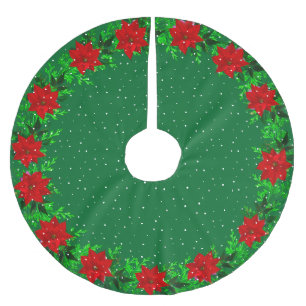 Elegant Poinsettia Flower Garland on Green Brushed Polyester Tree Skirt