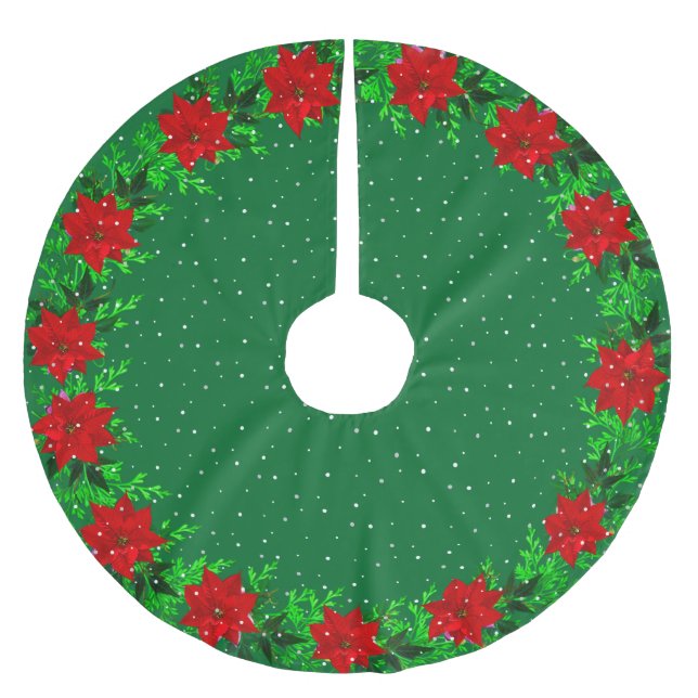 Elegant Poinsettia Flower Garland on Green Brushed Polyester Tree Skirt (Front)