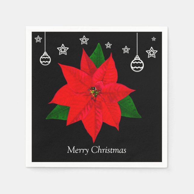 Elegant Poinsettia Flower on Black Napkin (Front)