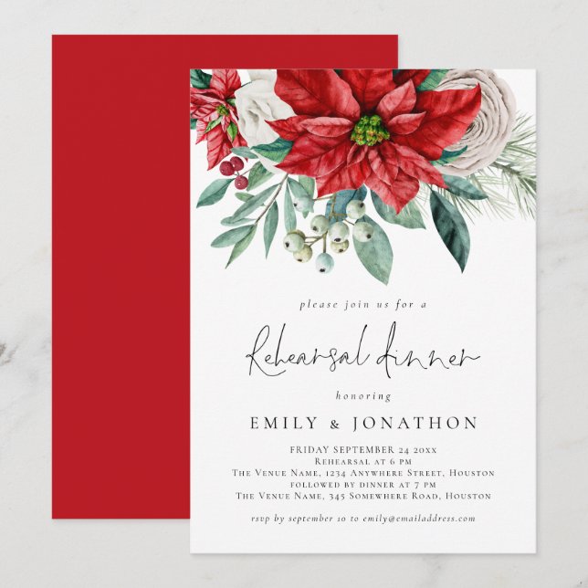 Elegant Poinsettia Foliage Rehearsal Dinner Invitation (Front/Back)