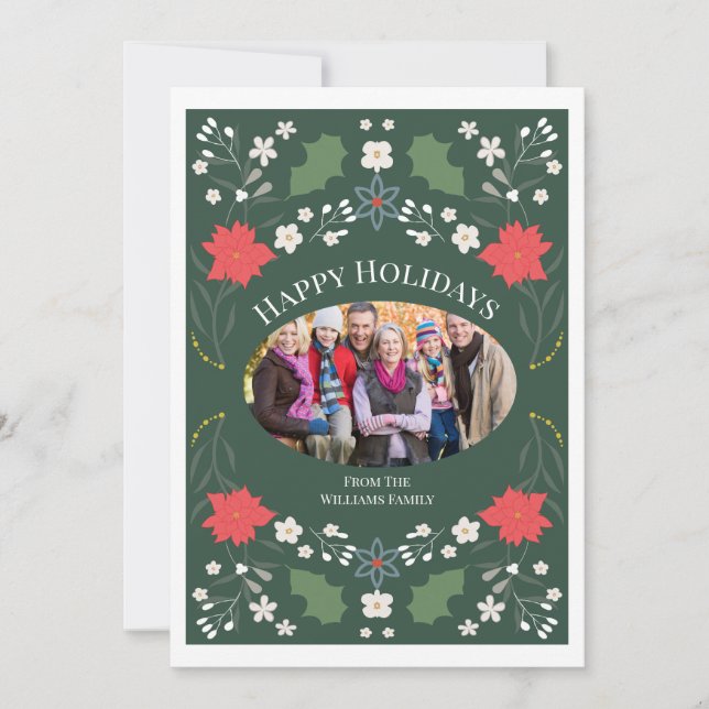 Elegant Poinsettia Folk Art Christmas Photo Card (Front)