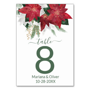 Elegant Poinsettia Green Christmas Wedding Table Number