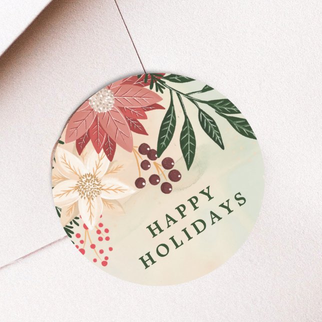 Elegant Poinsettia Happy Holiday Watercolor Classic Round Sticker (Creator Uploaded)
