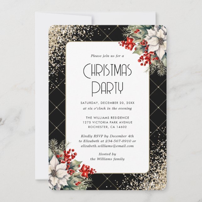 Elegant Poinsettia Holly Berries Christmas Party Invitation (Front)