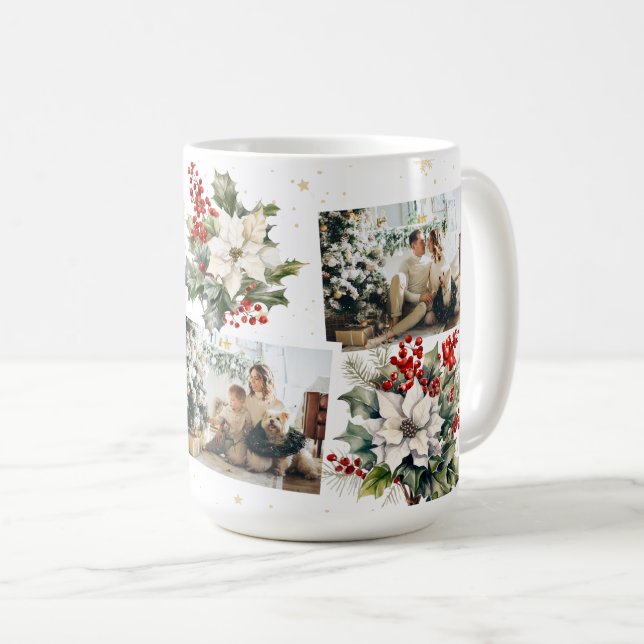 Elegant Poinsettia Holly Berries Photo Christmas Coffee Mug (Front Right)