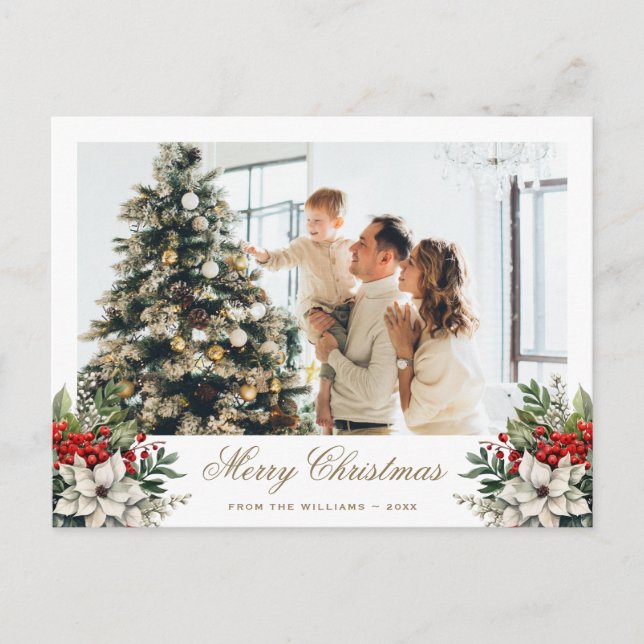 Elegant Poinsettia Holly Red Berries Photo Holiday Postcard (Front)