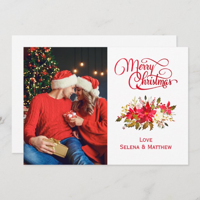 Elegant Poinsettia Merry Christmas Photo Holiday Card (Front/Back)