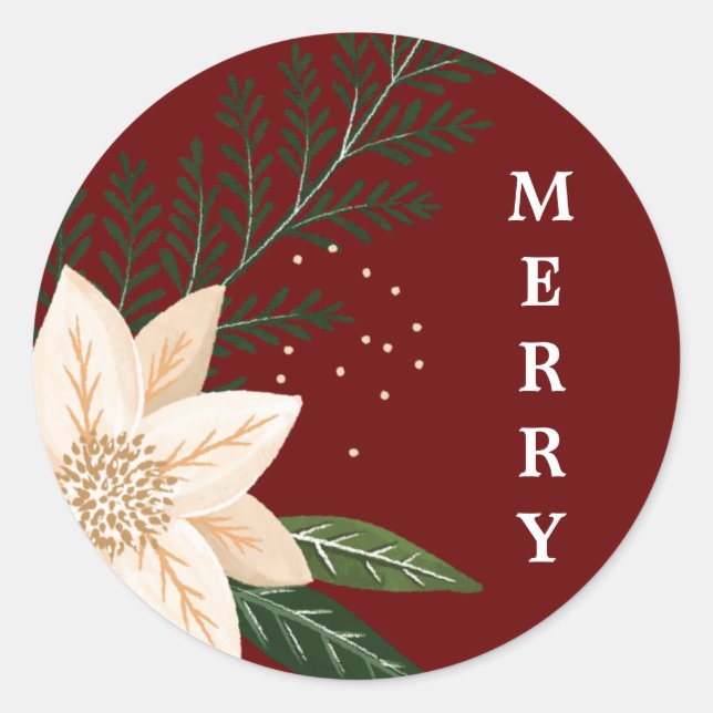 Elegant Poinsettia Merry Christmas Watercolor Classic Round Sticker (Front)