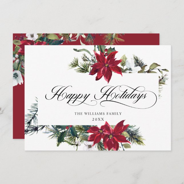 Elegant Poinsettia Mistletoe Christmas Greeting Holiday Card (Front/Back)