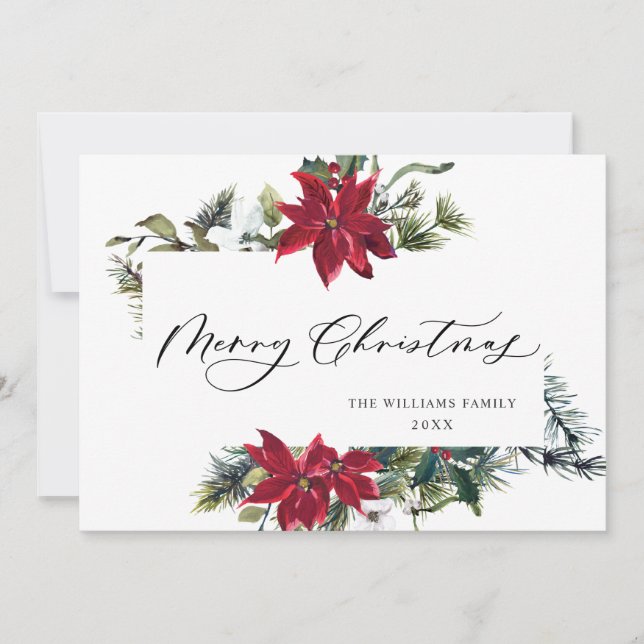 Elegant Poinsettia Mistletoe Christmas Greeting Holiday Card (Front)
