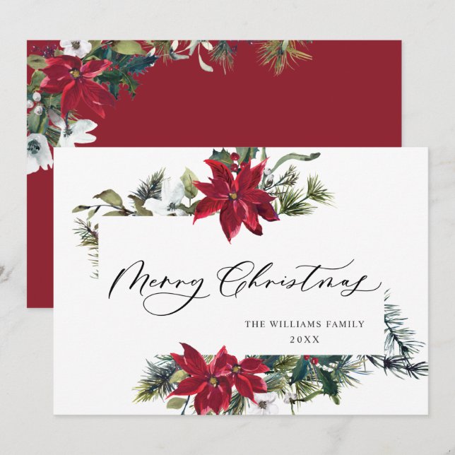 Elegant Poinsettia Mistletoe Christmas Greeting Holiday Card (Front/Back)