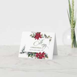 Elegant Poinsettia Mistletoe Christmas Greeting Holiday Card
