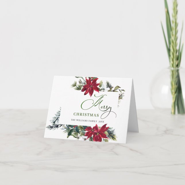 Elegant Poinsettia Mistletoe Christmas Greeting Holiday Card (Front)